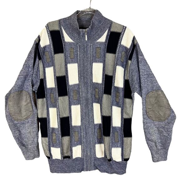 Silver Silk Sweater Mens L Elbow Patch Full Zip Textured Blue White Black Soft! - Picture 1 of 12